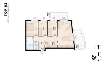 Grundriss einer 4-Zimmer-Wohnung im Erdgeschoss mit offenem Wohnbereich, Balkon und Terrasse.