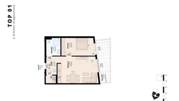 Grundriss einer 2-Zimmer-Erdgeschosswohnung mit offenem Wohnbereich, Schlafzimmer, Bad und einer Terrasse.