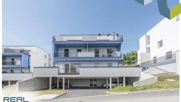 Modernes Mehrfamilienhaus mit blauen Akzenten, Tiefgaragenzufahrt und Balkonen in ländlicher Umgebung.
