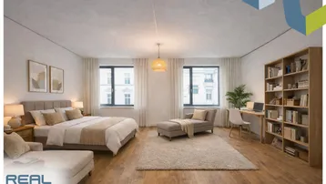 Geräumiges Schlafzimmer mit Doppelbett, Schlafcouch, Schreibtisch und Holzboden.