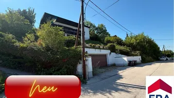 Ansicht des Hauses von der Straße mit Garage und üppiger Bepflanzung unter blauem Himmel.