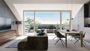 Heller, offener Wohn- und Essbereich mit integrierter Küche und Zugang zu einem sonnigen Balkon.