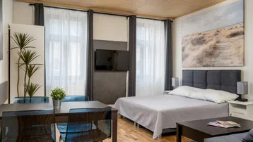 Heller kombinierter Wohn- und Schlafbereich mit Holzboden, Esstisch und Fernseher.