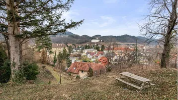 Panoramablick über eine ländliche Stadt mit Häusern und Hügeln, umgeben von Bäumen.