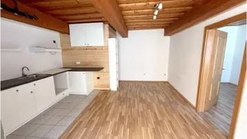 Heller offener Wohnbereich mit integrierter Küchenzeile, Holzbalkendecke und Parkettboden.