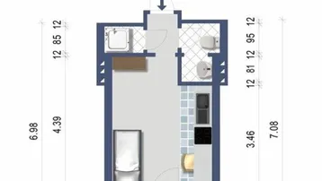 Grundriss einer kleinen Wohnung mit offenem Wohnbereich, integrierter Küche und separatem Bad.