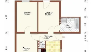 Grundrissplan einer Wohnung mit drei Zimmern, Küche, Bad, WC und Balkon.