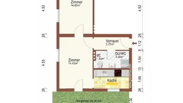 Grundrissplan einer Wohnung mit zwei Zimmern, Küche, WC und Duschbad, inklusive Vorgarten und Parkplatz.