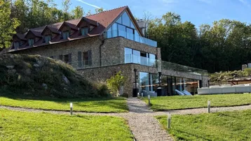 Modernes Haus mit Steinfassade, großen Glasflächen und weitläufigem Garten in grüner Umgebung.