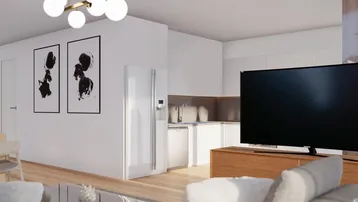 Helles, offenes Wohnzimmer mit integrierter Küche, Holzboden und modernem Design.