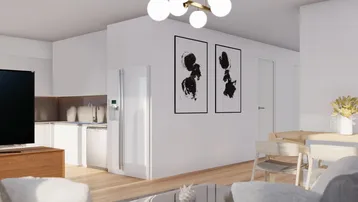Heller, offener Wohn- und Essbereich mit integrierter Küche und modernem Design.
