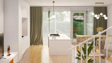 Heller offener Wohnbereich mit Holzboden, moderner Küche und Zugang zum Garten.