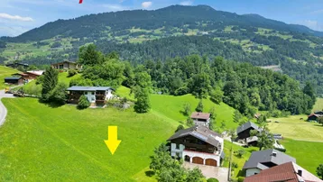 Luftaufnahme eines grünen Hanggrundstücks mit umliegenden Häusern und weitem Bergblick.