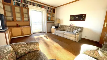 Helles Wohnzimmer mit Teppichboden, Bücherregalen und Zugang zum Balkon.
