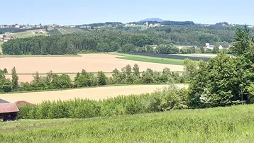 Weitläufige Landschaft mit Feldern, Wäldern und einem Dorf in der Ferne unter blauem Himmel.