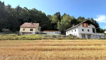 Ländliche Ansicht von zwei Häusern mit einem abgeernteten Feld im Vordergrund und Wald im Hintergrund.