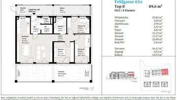 Detaillierter Grundriss einer 4-Zimmer-Wohnung mit offener Wohnküche, drei Schlafzimmern, Balkon und großer Terrasse.