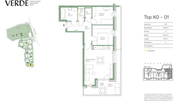 Grundriss des Hauses K, Top KO-01, zeigt einen offenen Wohn-/Kochbereich, zwei Schlafzimmer, Bad, separates WC, Balkon und Loggia.