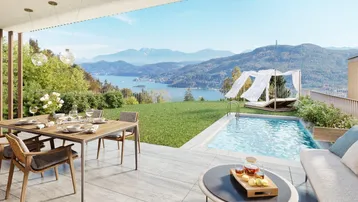 Visualisierung einer luxuriösen Terrasse mit Essbereich, Pool und atemberaubendem See- und Bergblick.