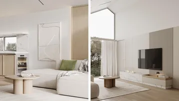 Moderner Wohnbereich mit bequemer Couch, Weinkühler, Fernseher und integriertem Kamin.