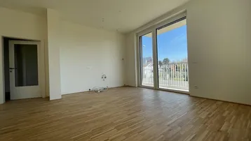 Helles, leeres Zimmer mit Parkettboden und Zugang zu einem Balkon, ideal für einen Wohnbereich.