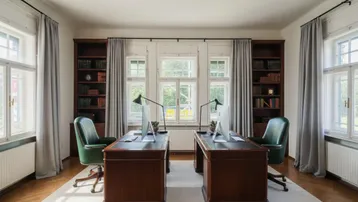 Elegantes Arbeitszimmer mit zwei Schreibtischen, Bücherregalen und großen Fenstern mit Blick ins Grüne.