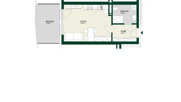 Grundriss einer 1-Zimmer-Wohnung im 1. Obergeschoss mit offenem Wohnbereich und Balkon.