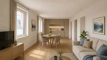 Helles, offenes Wohnzimmer mit integrierter Küche, Essbereich und modernem Parkettboden.