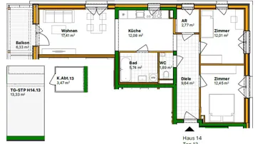 Grundriss einer 3-Zimmer-Wohnung mit Balkon, separatem WC und Abstellraum.