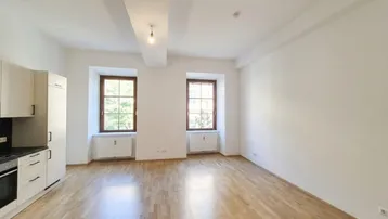 Heller offener Wohnbereich mit integrierter Küchenzeile, Parkettboden und zwei Fenstern.