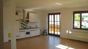 Heller offener Wohnbereich mit integrierter Küche, Holzboden und Zugang zum Balkon.