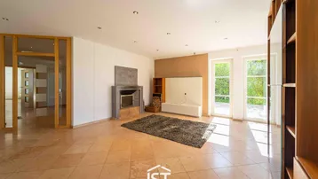Heller Wohnbereich mit Kamin, großen Fenstern und Zugang zum Garten.