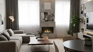 Moderner Wohn-Essbereich mit Kamin, bequemer Couch und stilvollem Esstisch, hell und einladend gestaltet.