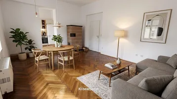 Helles Wohn- und Esszimmer mit Fischgrätparkett, modernem Kachelofen und stilvoller Einrichtung.