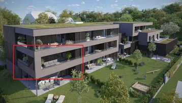 Rendering eines modernen Apartmentgebäudes mit Balkonen, Terrassen und einem grünen Gartenbereich.