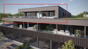 Moderne Wohnanlage mit großzügigen Terrassen und Blick auf die Umgebung.