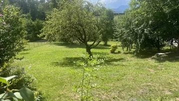 Großer Garten mit Rasenfläche und Obstbäumen, umgeben von grüner Natur und Hügeln.