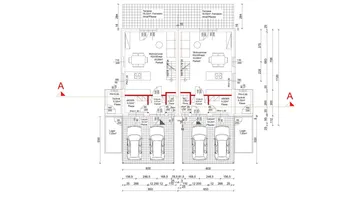Grundriss des Erdgeschosses mit zwei Wohneinheiten, jeweils mit offenem Wohnbereich, Terrasse und Carport.