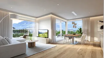 Helles, modernes Wohn-Esszimmer mit Holzboden, großen Fenstern und Bergblick.