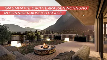 Traumhafte Dachterrasse mit gemütlicher Feuerstelle und atemberaubendem Bergblick in sonniger Lage.