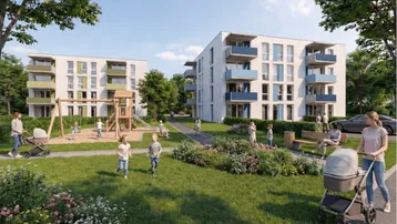 Moderne Wohngebäude mit Balkonen, umgeben von Grünflächen und einem Kinderspielplatz für die Bewohner.