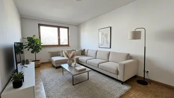 Gemütliches Wohnzimmer mit modernem Sofa, Teppich und Parkettboden, hell und einladend gestaltet.