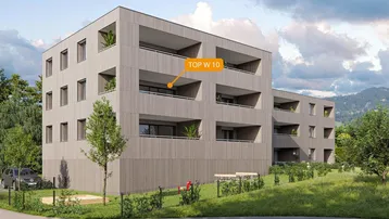 Moderne Wohnanlage mit Holzfassade und Balkonen in grüner Umgebung.