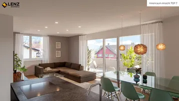 Heller, offener Wohn-Essbereich mit moderner Küche, großem Sofa und Zugang zur Terrasse.