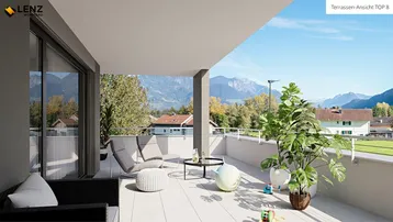 Geräumige Terrasse mit modernen Loungemöbeln und beeindruckendem Bergblick.