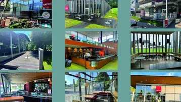 Eine Collage moderner Geschäftsräume, die sowohl Innen- als auch Außenbereiche eines Gewerbekomplexes zeigt.
