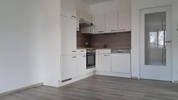 Neue Einbauküche in hellem Design mit integrierten Geräten und Laminatboden in offenem Raum.
