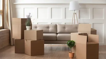 Helles Wohnzimmer mit beigem Sofa, Holzboden und dekorativer Wandverkleidung, umgeben von Umzugskartons.