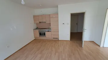 Offener Wohnbereich mit integrierter Küchenzeile und Laminatboden.