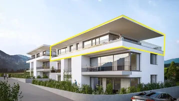 Moderne Wohnanlage mit großzügiger Dachterrasse und Bergblick, umgeben von grüner Landschaft.